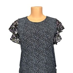 Michael Kors Womens Floral Print Flutter Sleeve Top Black Purple Size Medium
